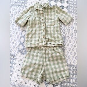 H&M Green Checkered matching set button up and shorts kids size 3T
